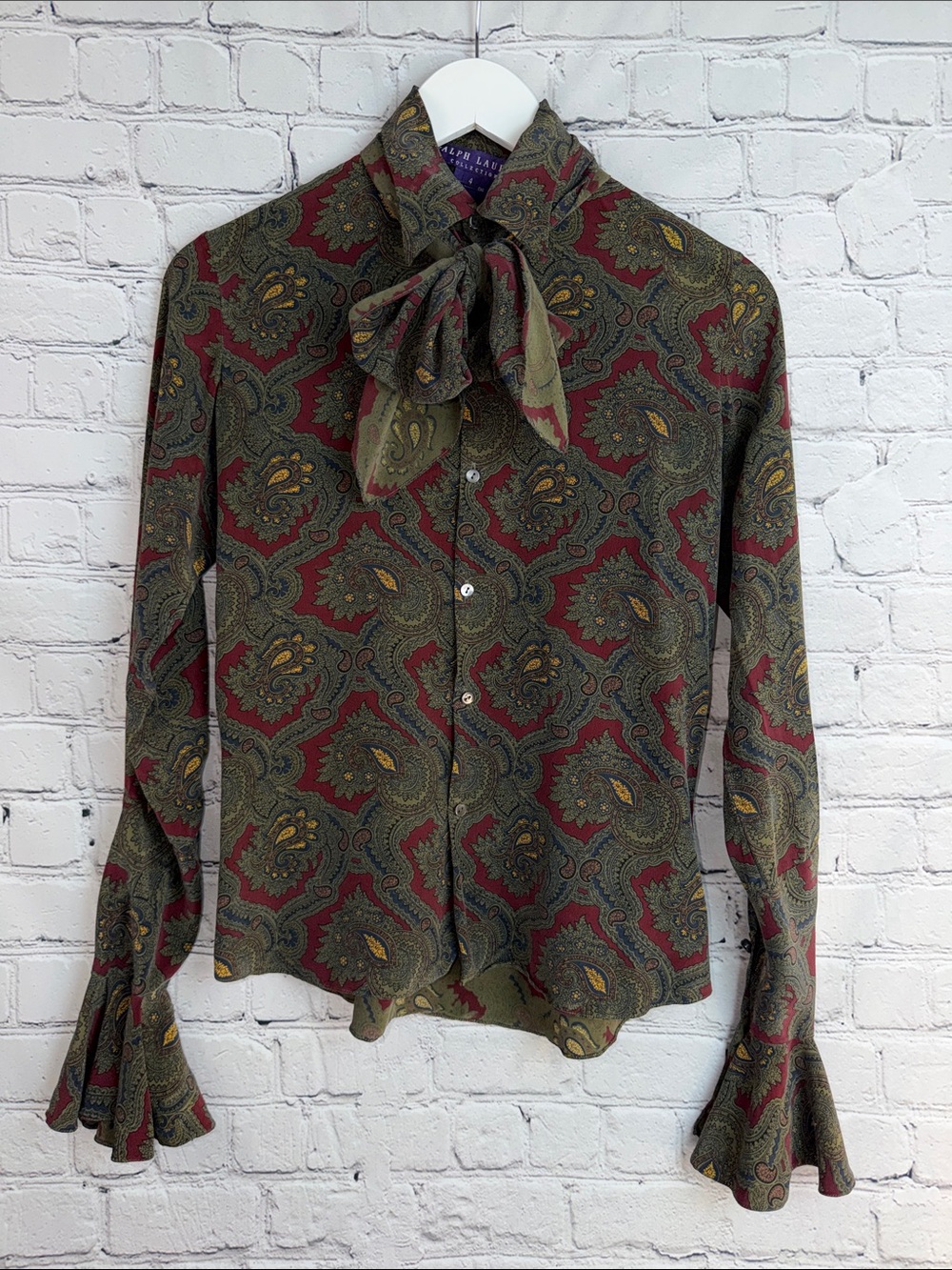 RALPH LAUREN Purple Label Silk Paisley Bow Blouse Size 4 Olive Burgundy
